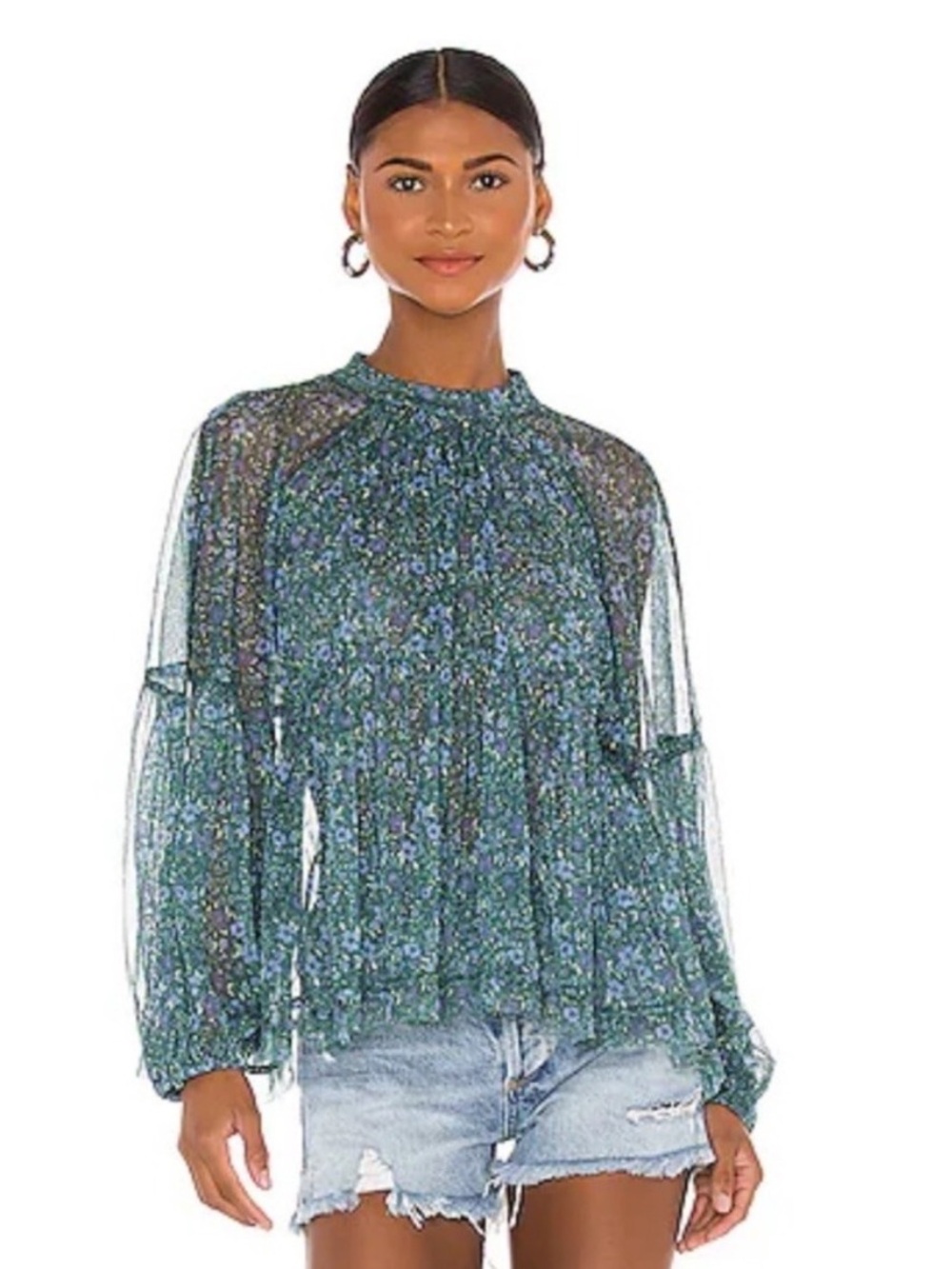 Free People Teal Floral Sheer Peasant Blouse